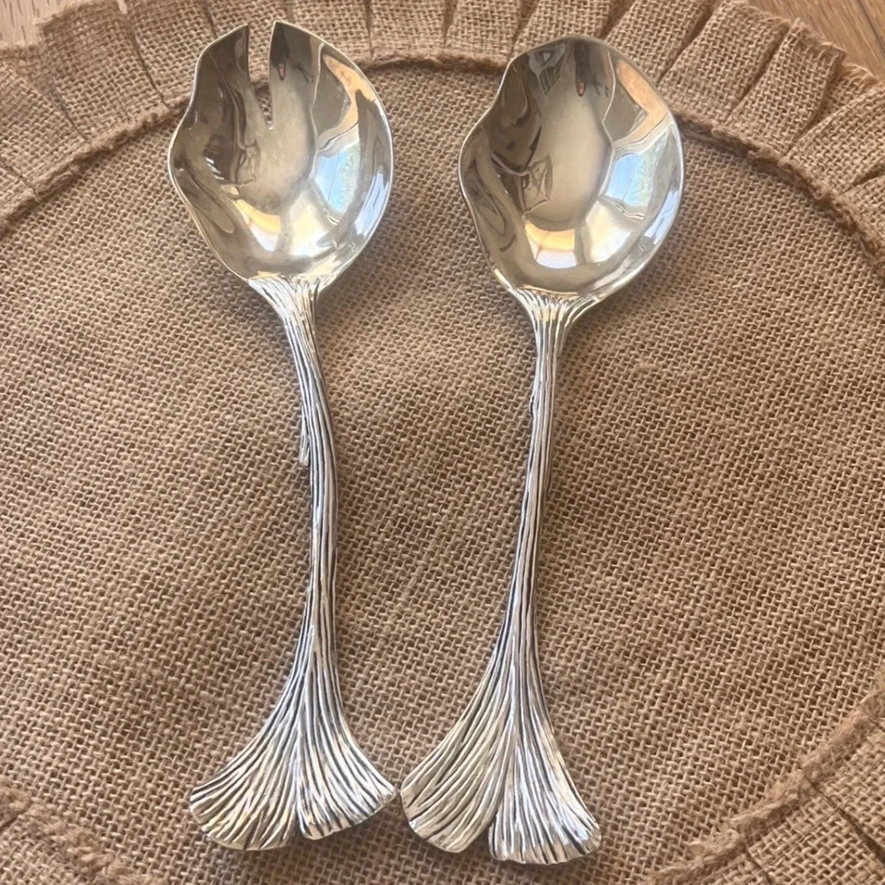 Silea Silver Plated Ginkgo Leaf Salad Servers Set 2 Piece Botanical Design